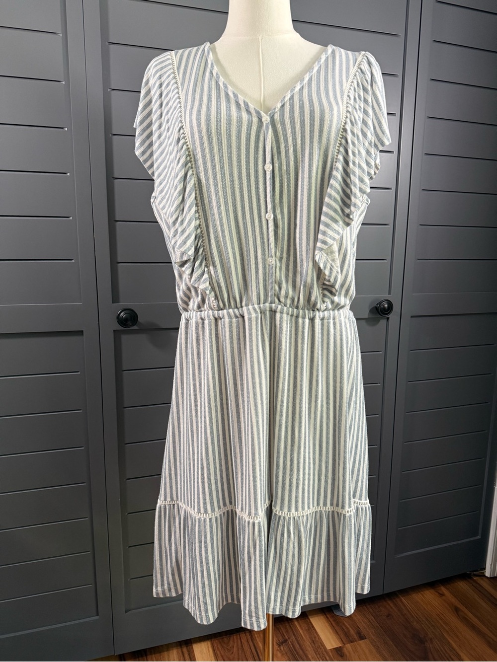 LC Lauren Conrad Blue and White Striped V-Neck Midi Dress